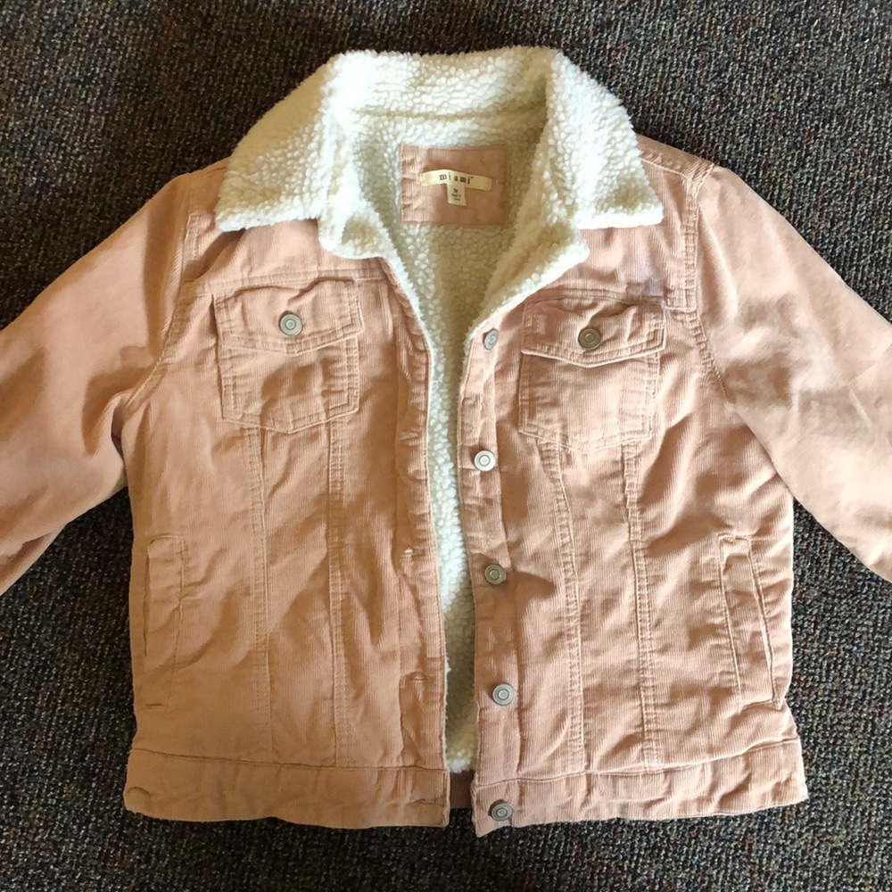 Pink fuzzy denim jacket